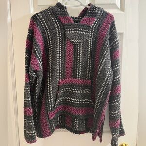 Baja Joe Striped Hooded Baja-Style Sweater in Charcoal & Magenta